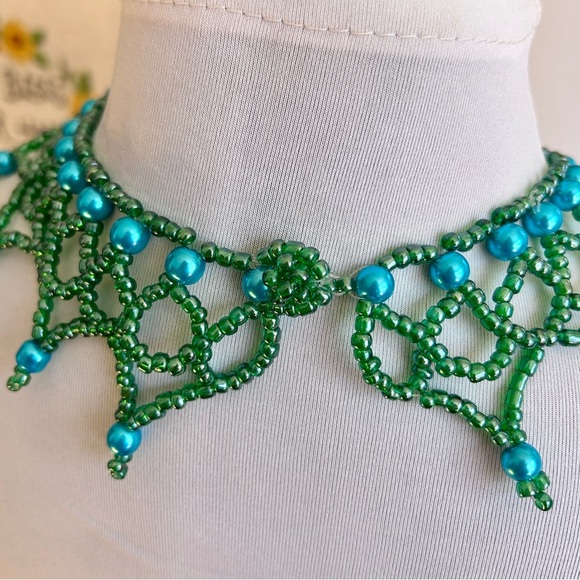 Handcrafted Beaded Choker Sea Green Green & Aqua Mermaid Boho Necklace - Picture 6 of 9
